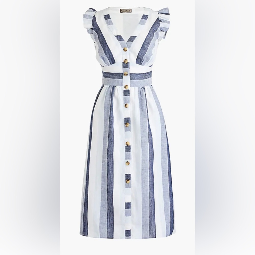 NWT J Crew Point Sur Button Front Linen Midi Dress in Faded Indigo Stripe Sz 2